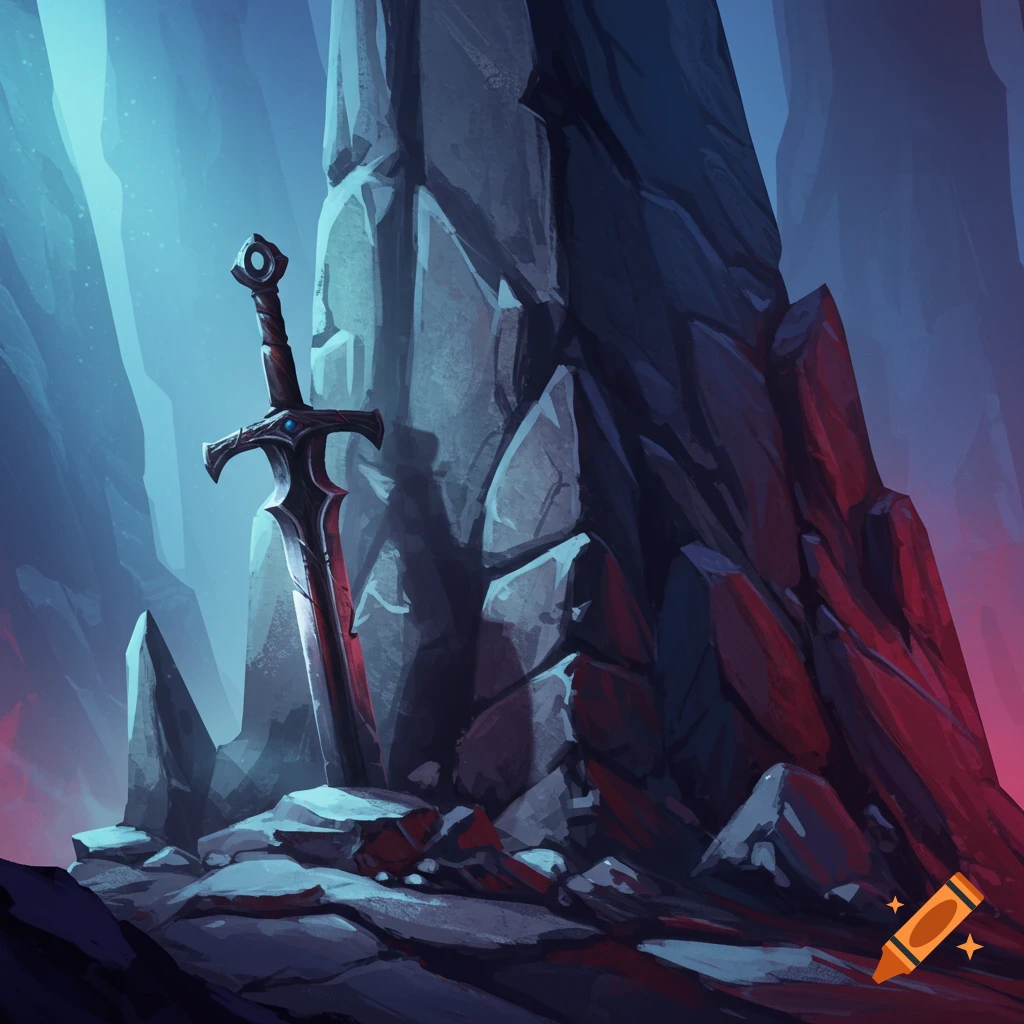 Stylized digital painting of a sword stuck in a rock formation with blue and red lighting.