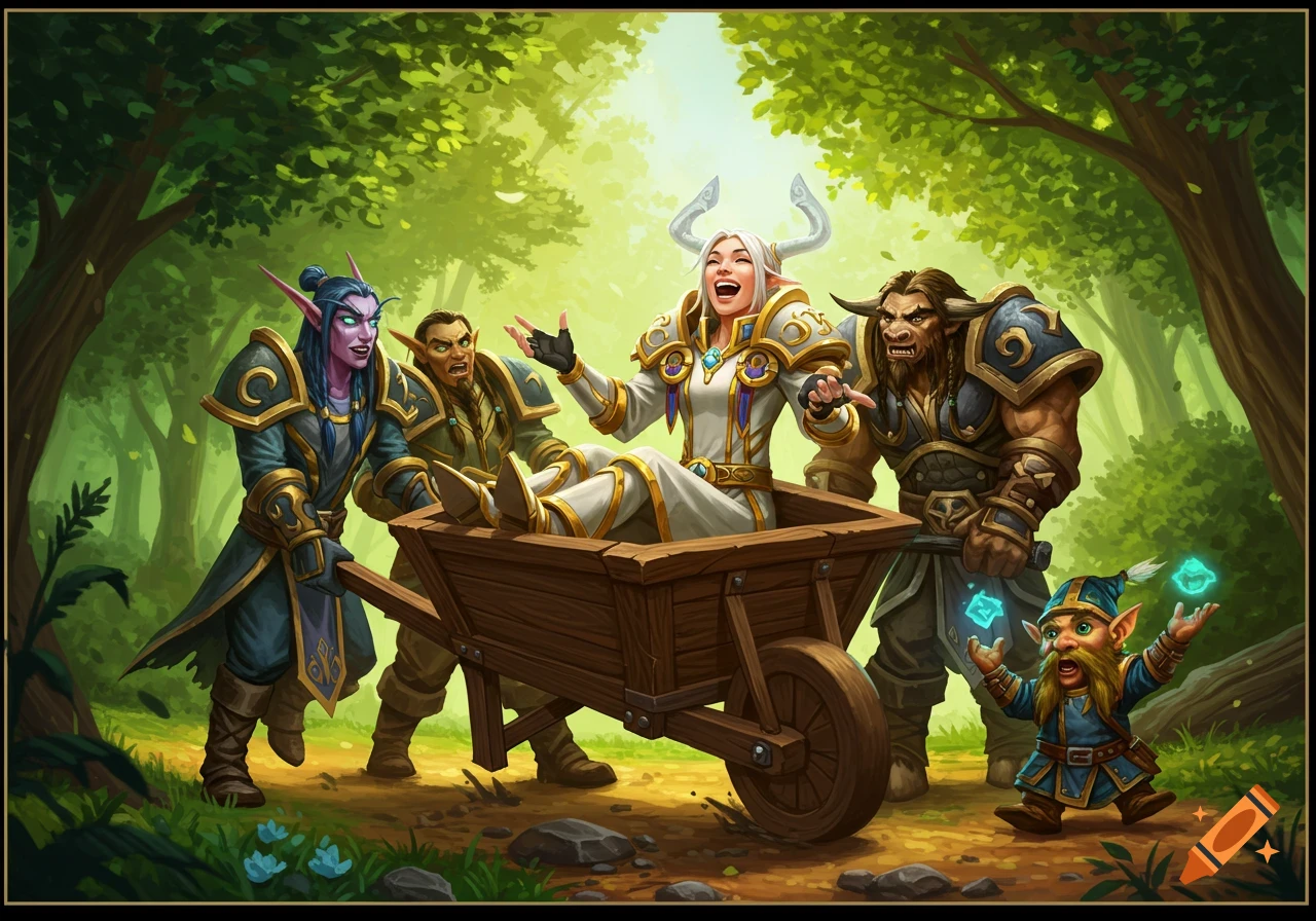 World of Warcraft characters carry a human priest in a wheelbarrow through a forest in an illustrative style.