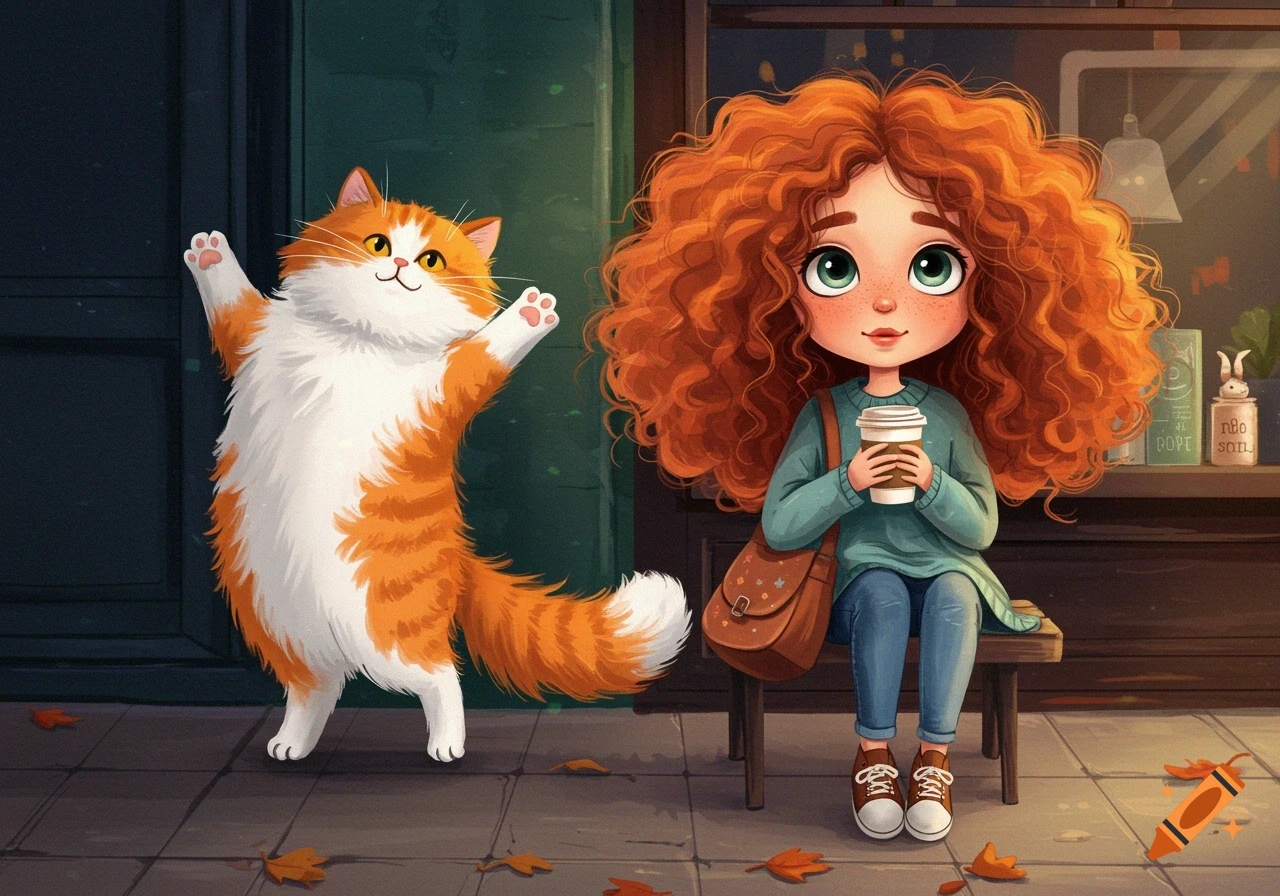 Illustration of a girl with coffee and a fluffy orange cat waving outside a shop.