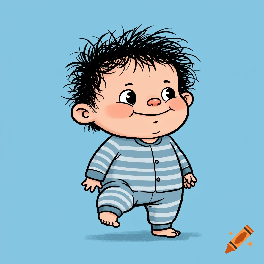 A cute cartoon toddler in blue striped pyjamas stands smiling.