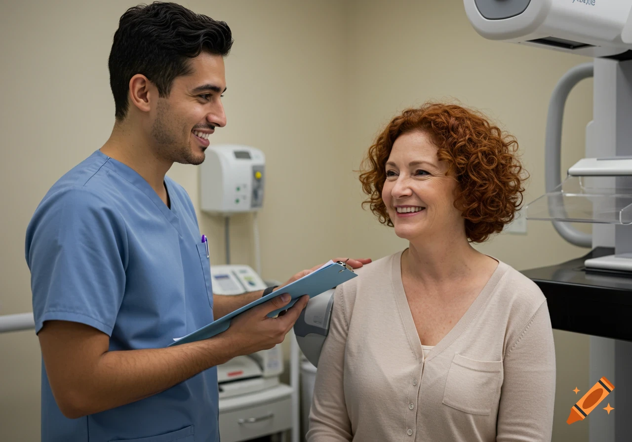 A male medical technologist talks and smiles with a female patient near a mammogram machine.