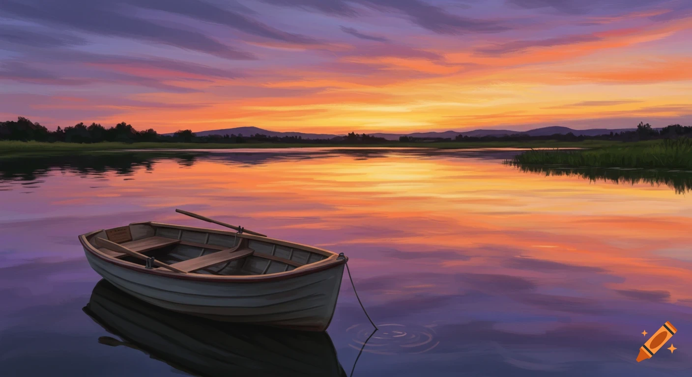 A boat floats on a calm lake during a vibrant sunset, reflected in the water.