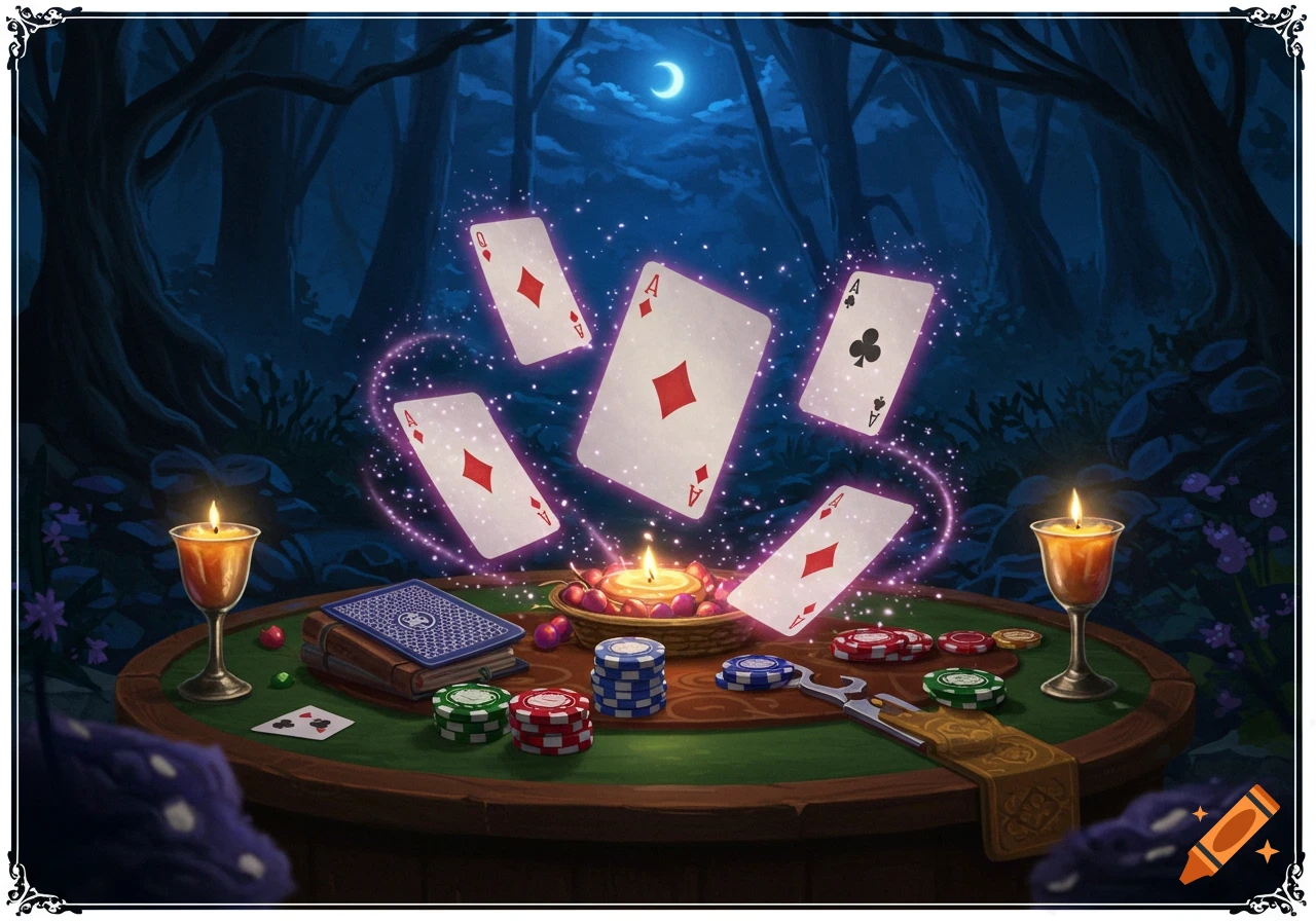 Magical playing cards hover above a table with chips and candles in a dark, enchanted forest.