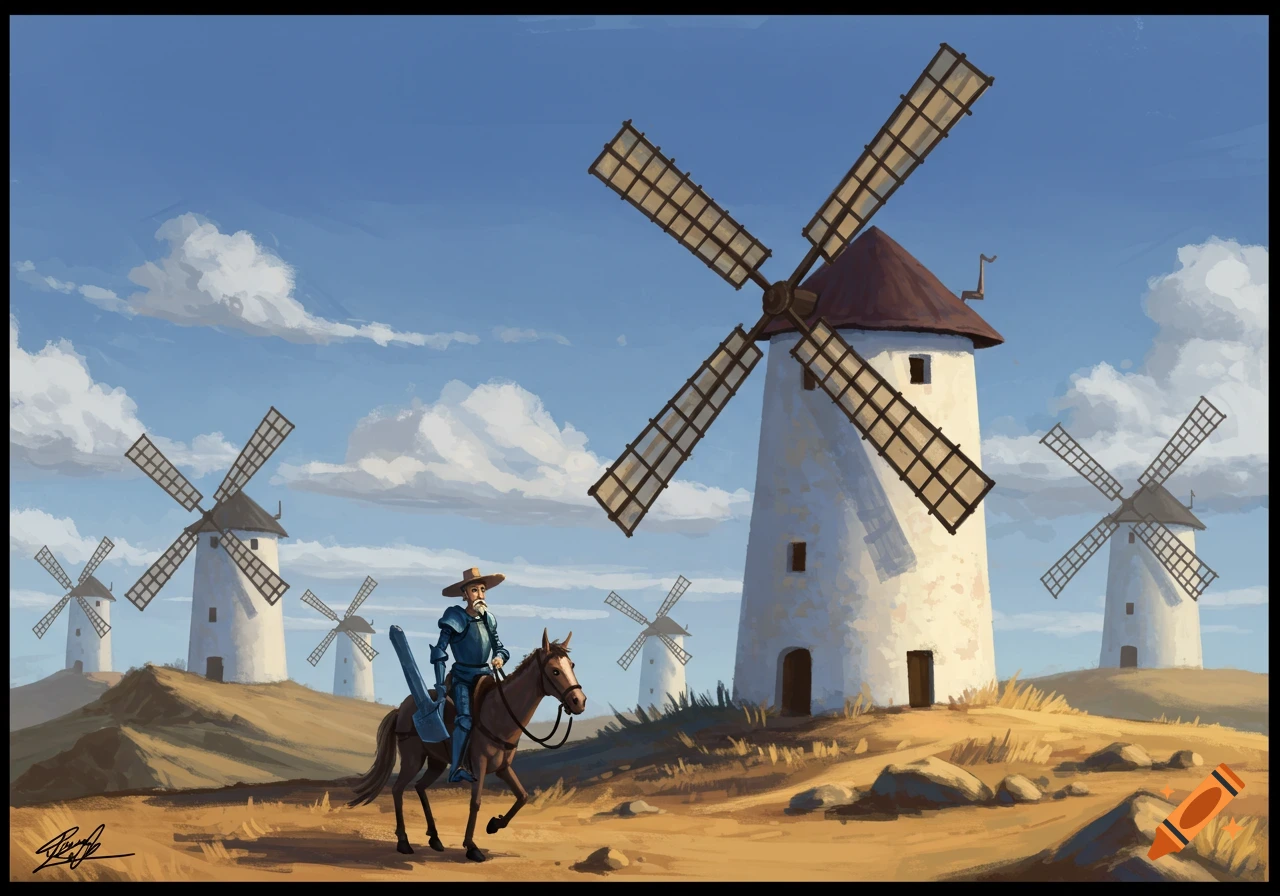Digital painting of Don Quixote on horseback riding towards windmills