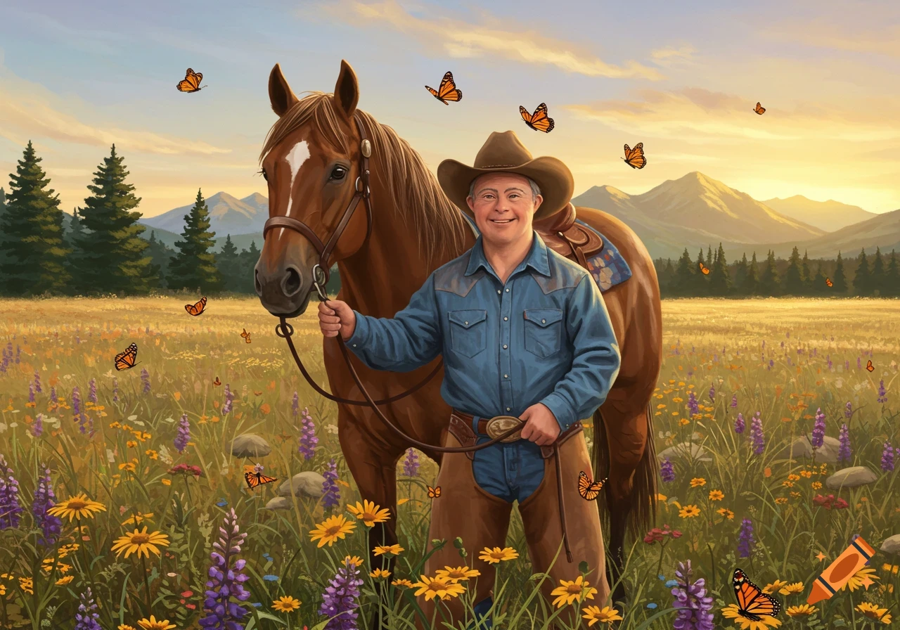 A man in cowboy hat and outfit stands next to a horse in a field of wildflowers and butterflies. Painting style.