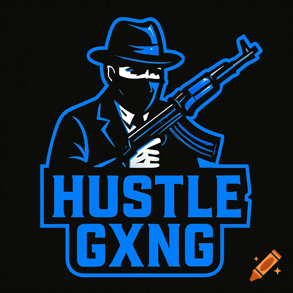 A stylized logo of a person in a hat holding an AK-47 rifle with the text HUSTLE GXNG below.