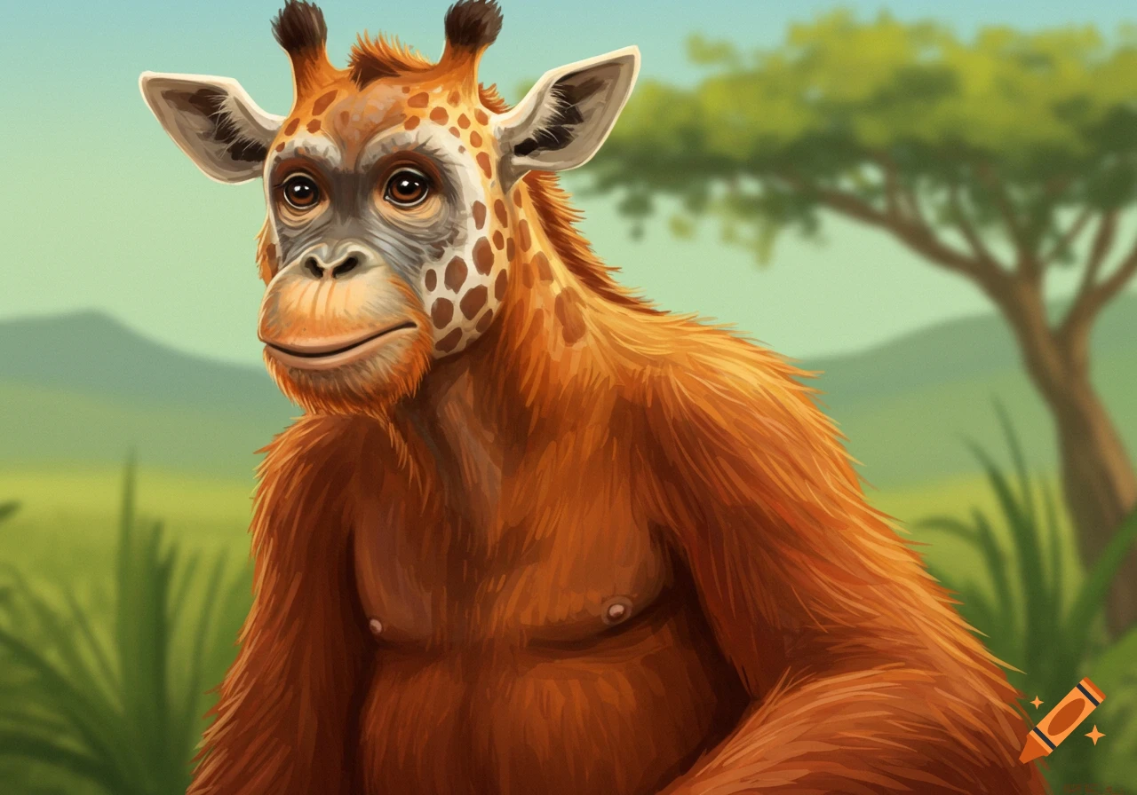 Illustration of a giraffe and orangutan hybrid animal in a grassy field.