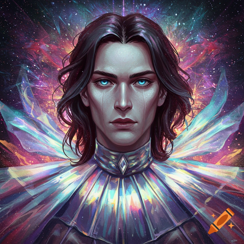 Portrait of a person with bright blue eyes and ethereal collar against a cosmic background, fantasy art style.