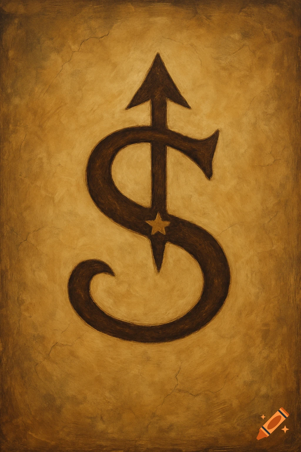 Rustic brown cattle brand symbol combining an S, arrow, and star on a textured background.