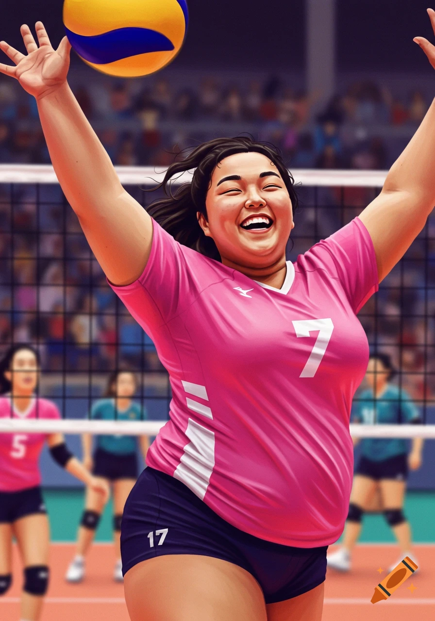Illustration of a happy volleyball player jumping to hit the ball