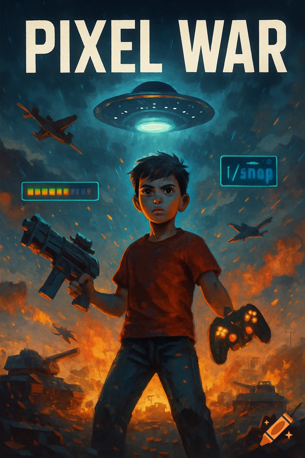 A boy holds a gun and game controller in a battlefield with tanks, planes, and a UFO, title 'Pixel War'.