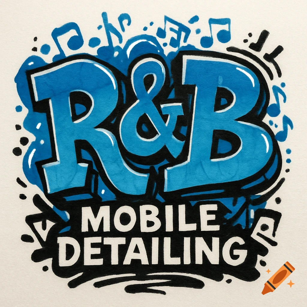 Graffiti style logo with blue text "R&B MOBILE DETAILING" and black outlines, surrounded by musical notes.