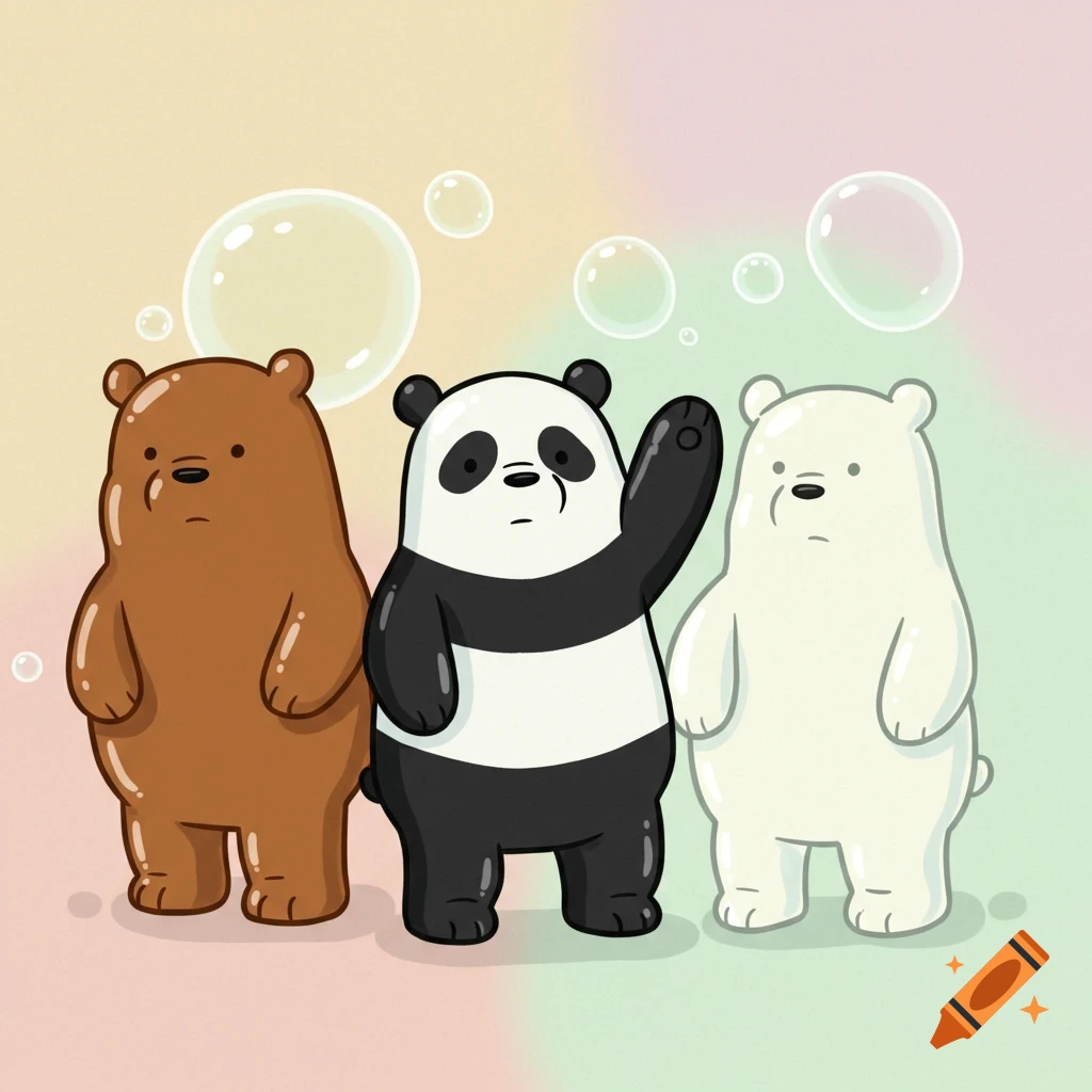 Cartoon illustration of three bears, a brown bear, a panda, and a white bear, standing with bubbles around them.