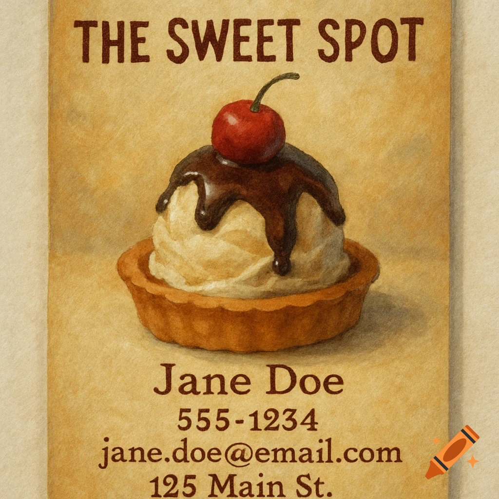Watercolor illustration of an ice cream dessert in a tart with chocolate and a cherry, on a business card for THE SWEET SPOT