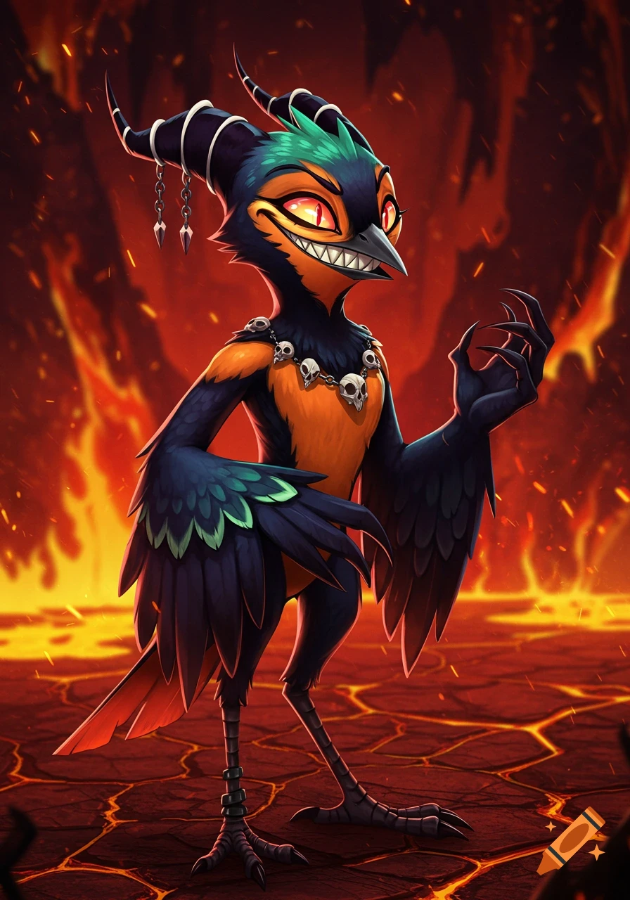 Cartoon demon bird with horns and skull necklace standing in a fiery ...