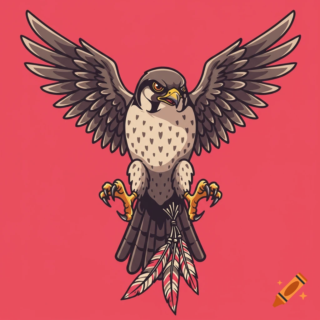 A stylized vector falcon with aggressive expression and outstretched wings clutches feathers.