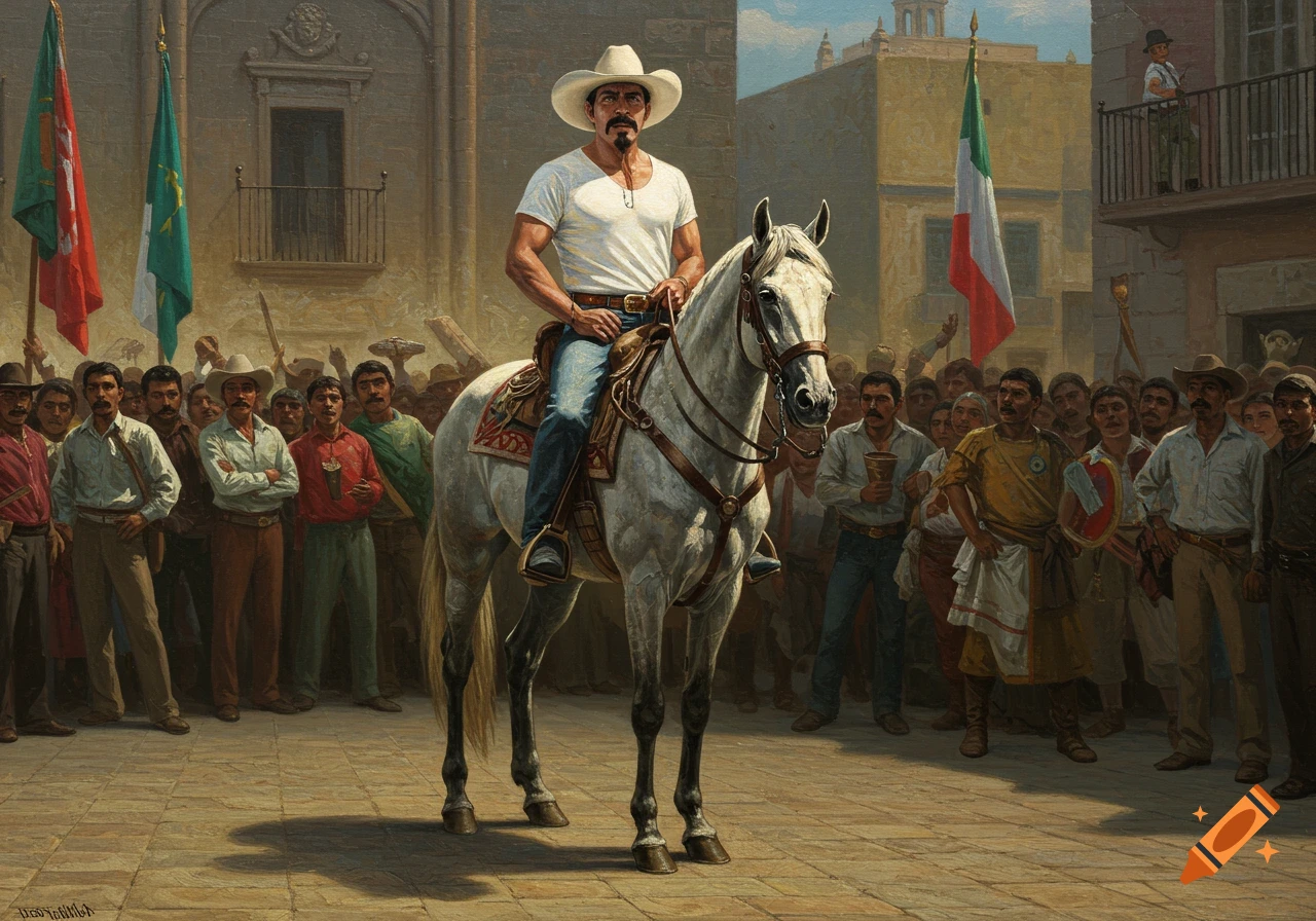 Oil painting of a man on a white horse in a white hat before a crowd in a plaza.