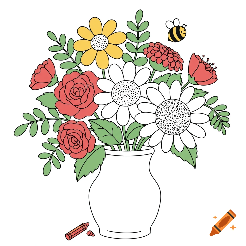 A bouquet of flowers in a vase with a bee and a crayon, in a coloring book style