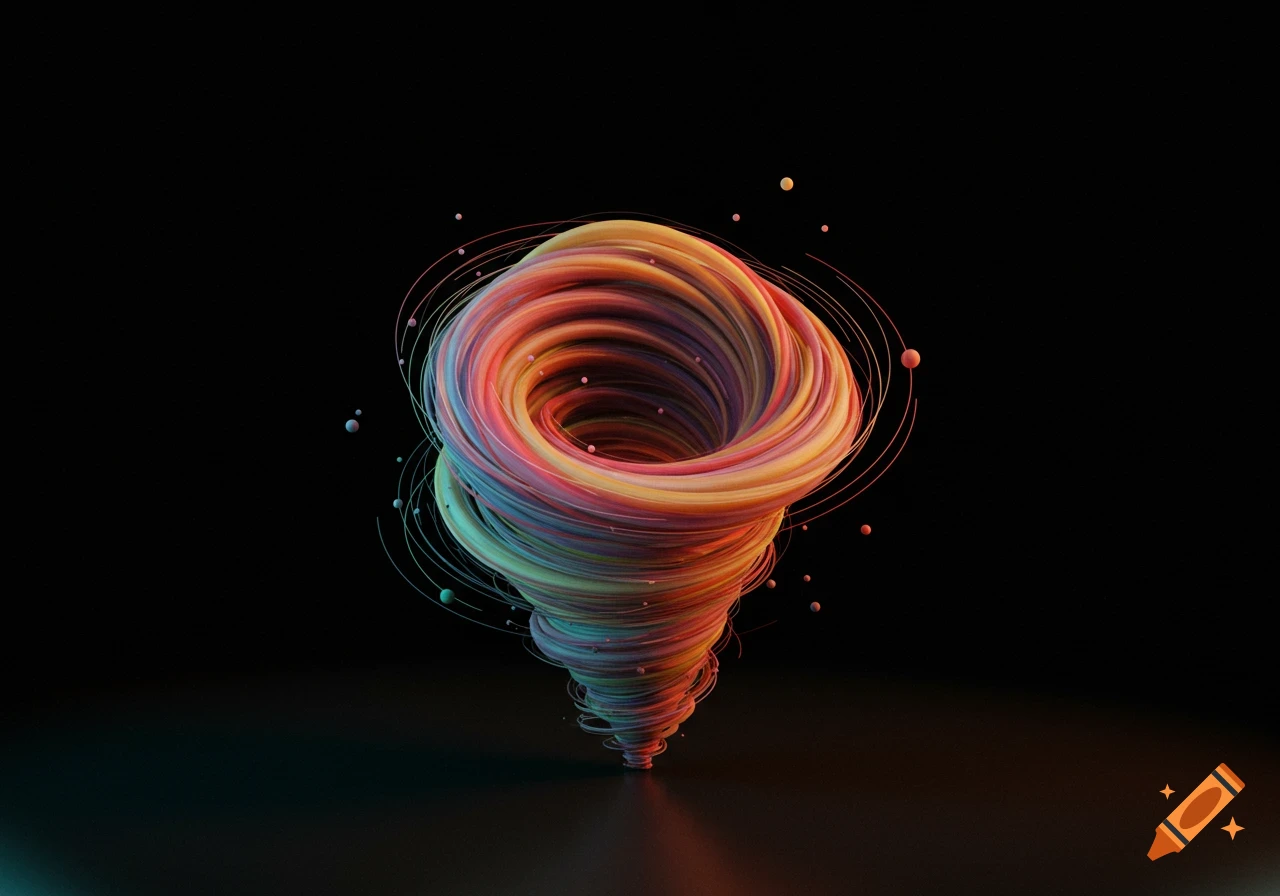 A colorful 3D rendered swirling vortex on a black background with floating particles.