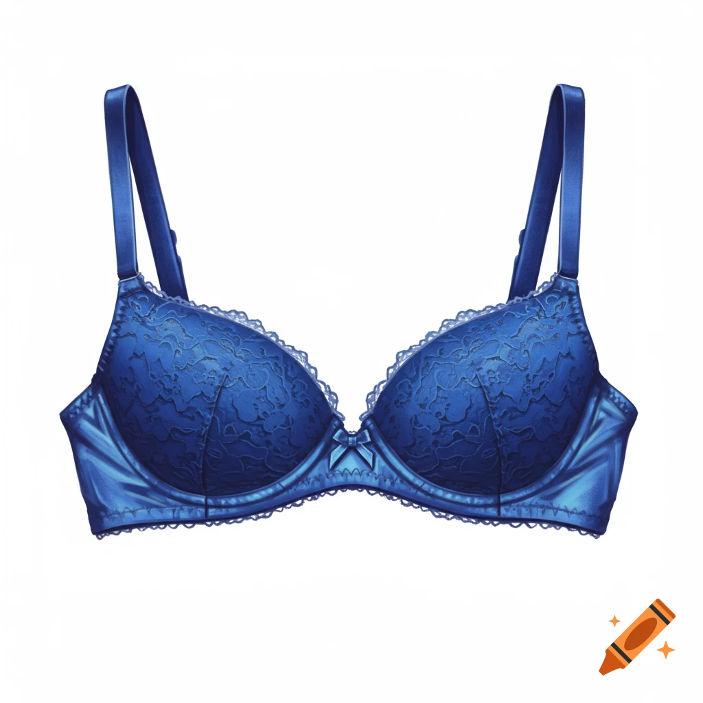 A detailed illustration of a blue satin and lace bra on a white background.