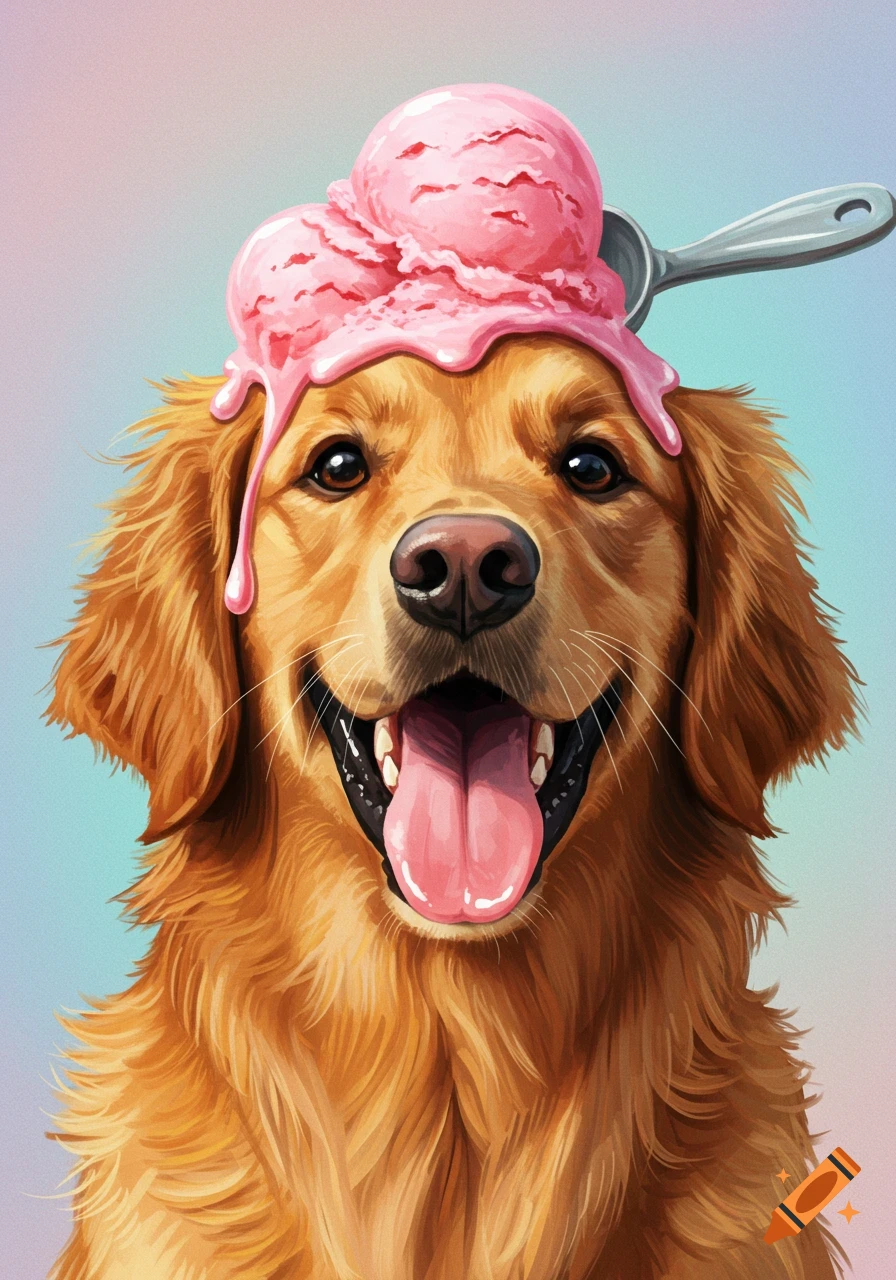 Illustrative portrait of a golden retriever dog with melting pink ice cream and a spoon on its head.