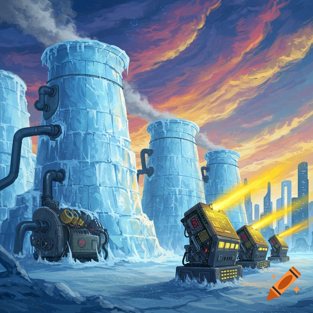 Icy industrial towers and mechanical devices in water under a dramatic sunset sky, with a distant city.