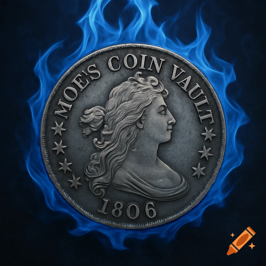 An antique coin with 'Moe's Coin Vault' and '1806' surrounded by blue flames.