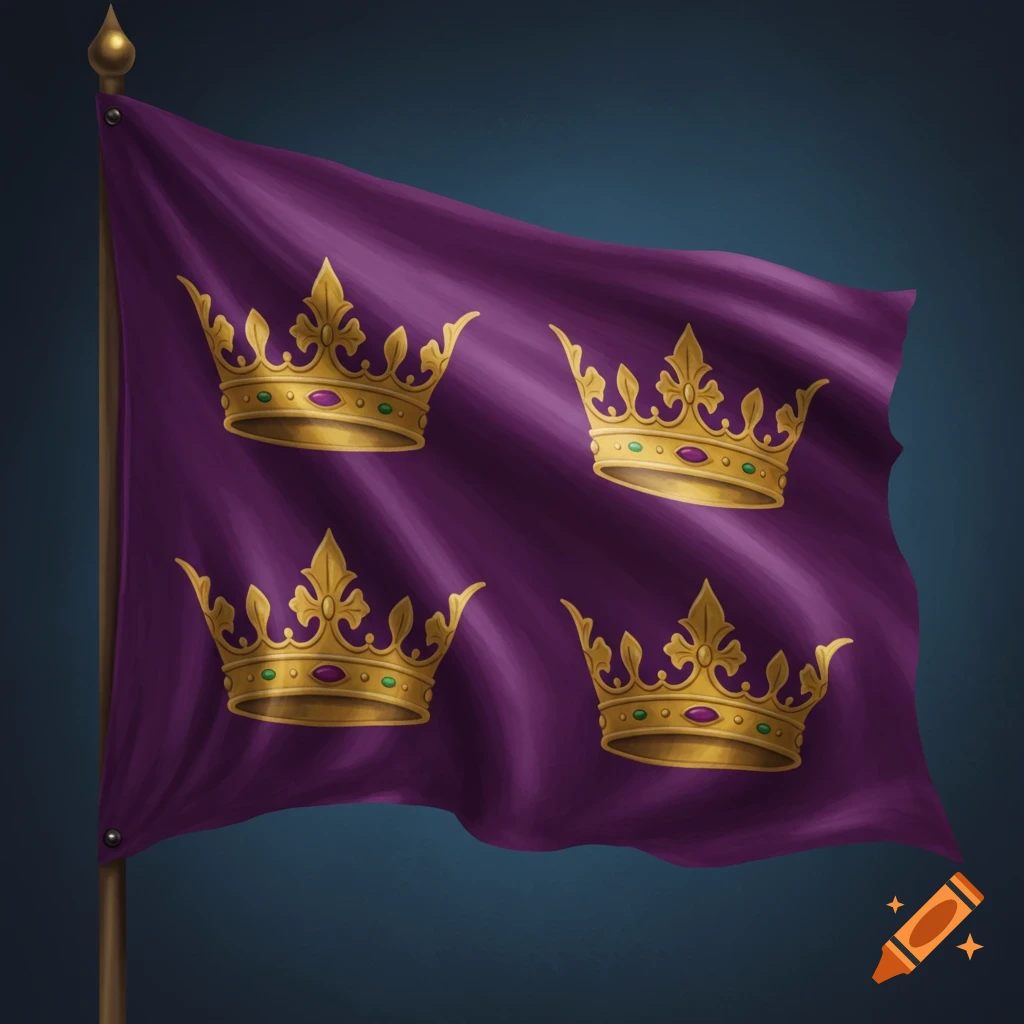 A purple flag with four golden crowns on it.