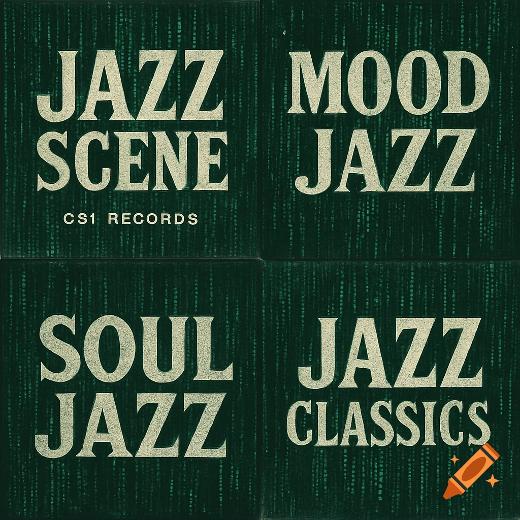 Collage of four panels resembling vintage jazz record covers with text like "JAZZ SCENE", "MOOD JAZZ", "SOUL JAZZ", and "JAZZ CLASSICS" on a textured dark green background.