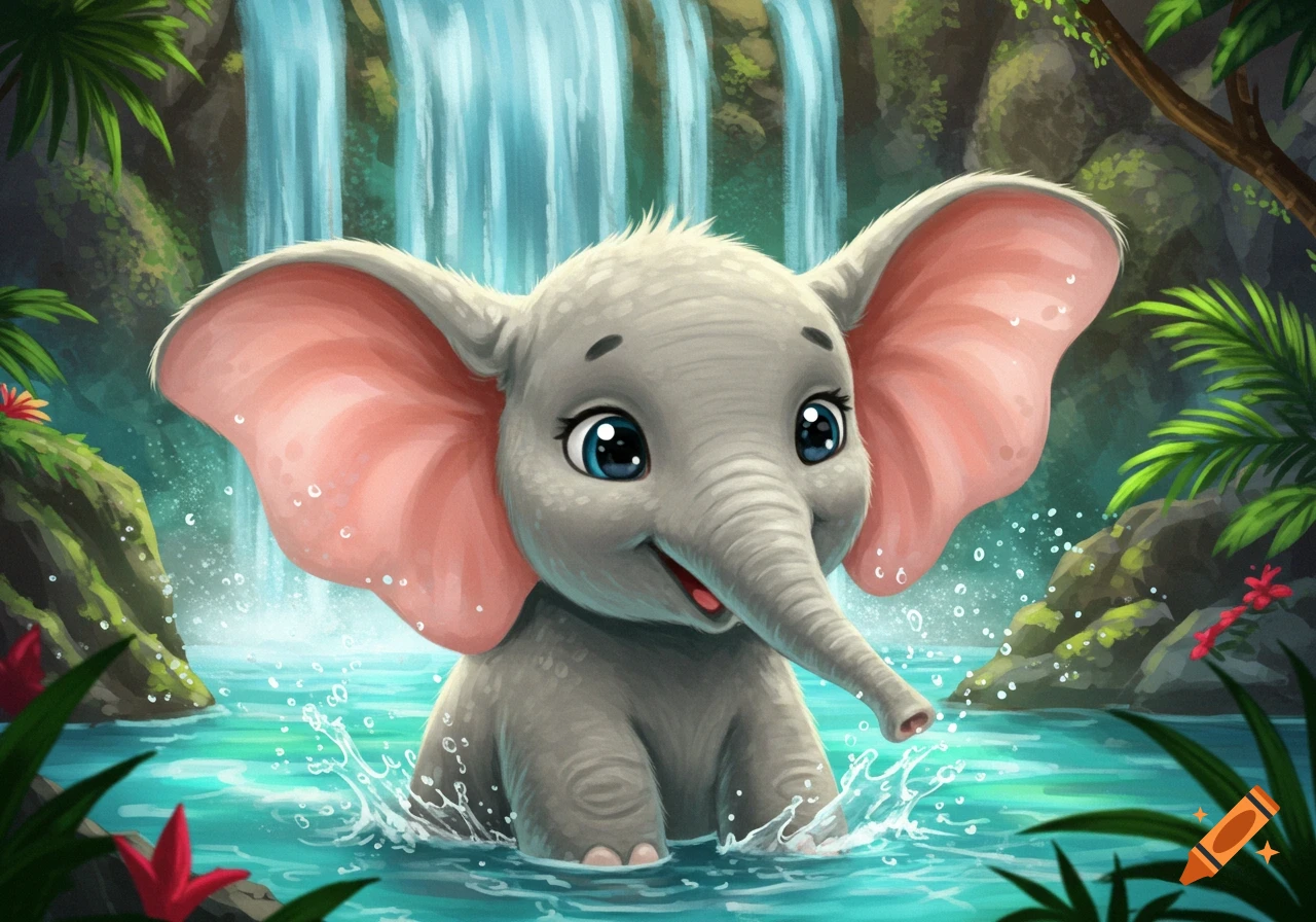 Cartoon illustration of a cute baby elephant playing in the water below a tropical waterfall.