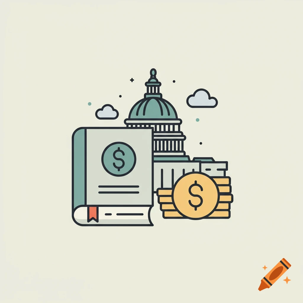 A minimalist illustration of a book with a dollar sign, a Capitol building, and coins.