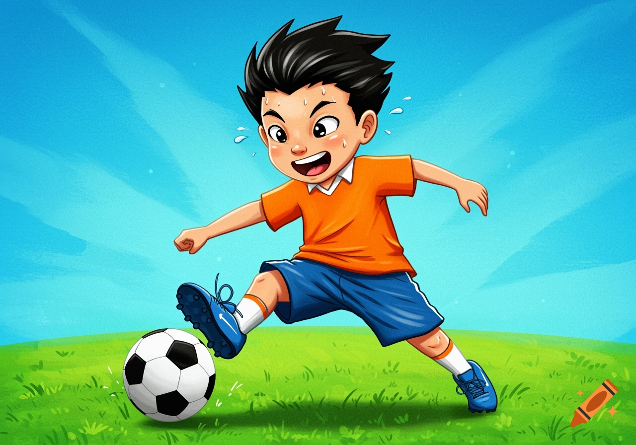 Cartoon illustration of a boy kicking a soccer ball in a green field under a blue sky.