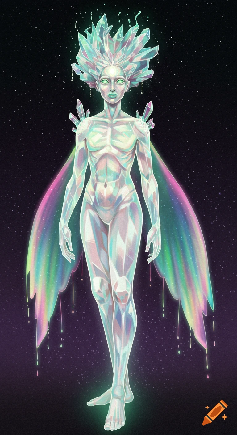 A tall, crystalline figure with iridescent wings against a starry background, digital art.