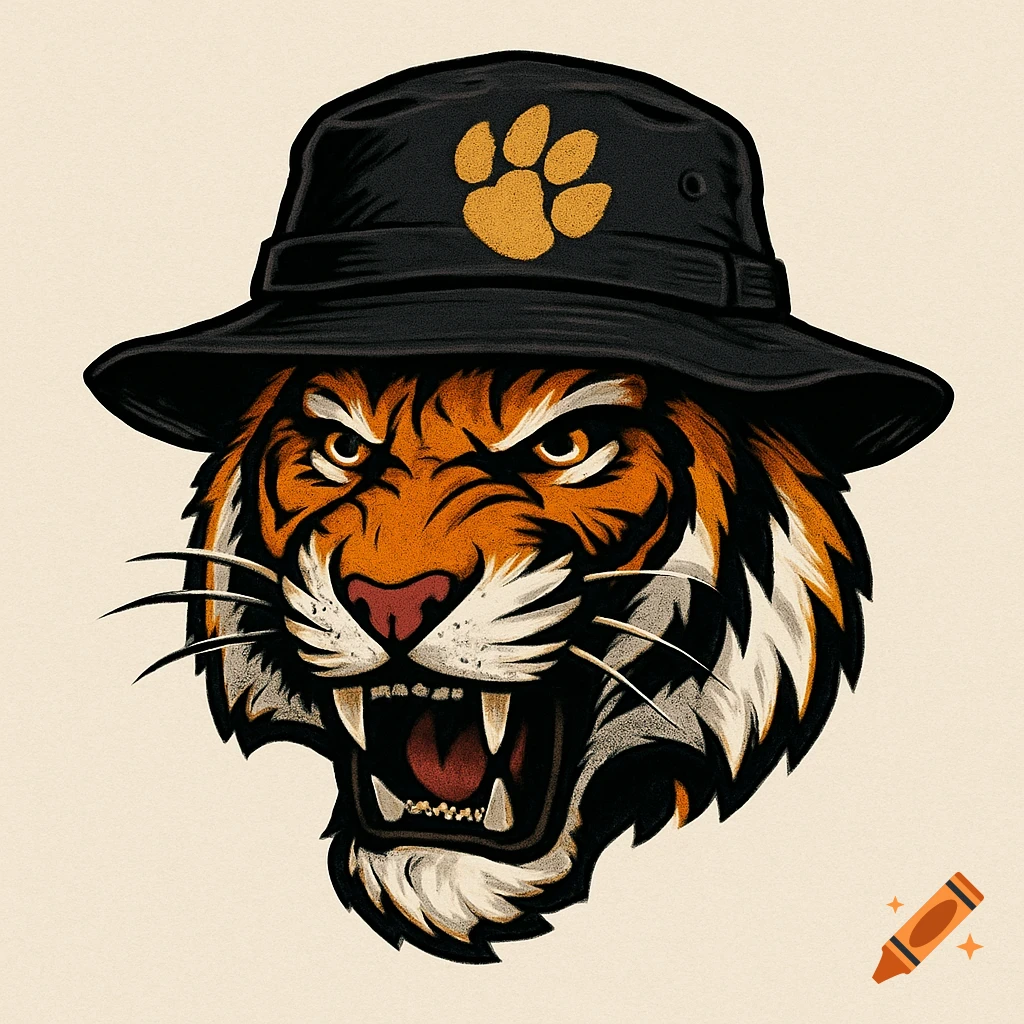 Illustration of a fierce tiger head wearing a black bucket hat with an orange paw print