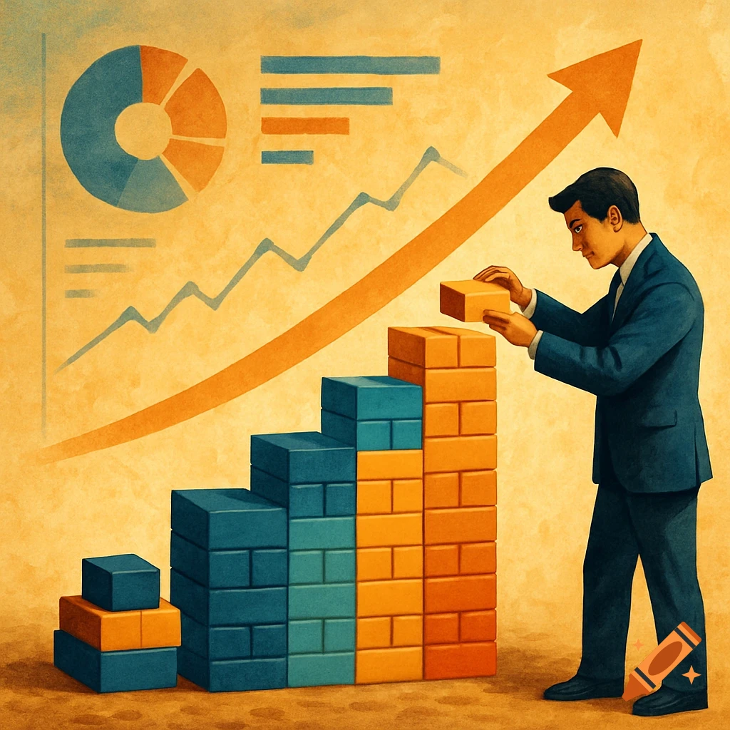 Illustration of a businessman building a bar graph with bricks, next to line and pie charts, depicting growth.