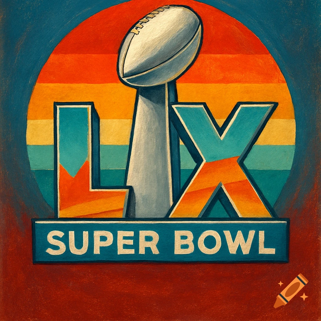 Logo for Super Bowl LX with trophy and retro striped background