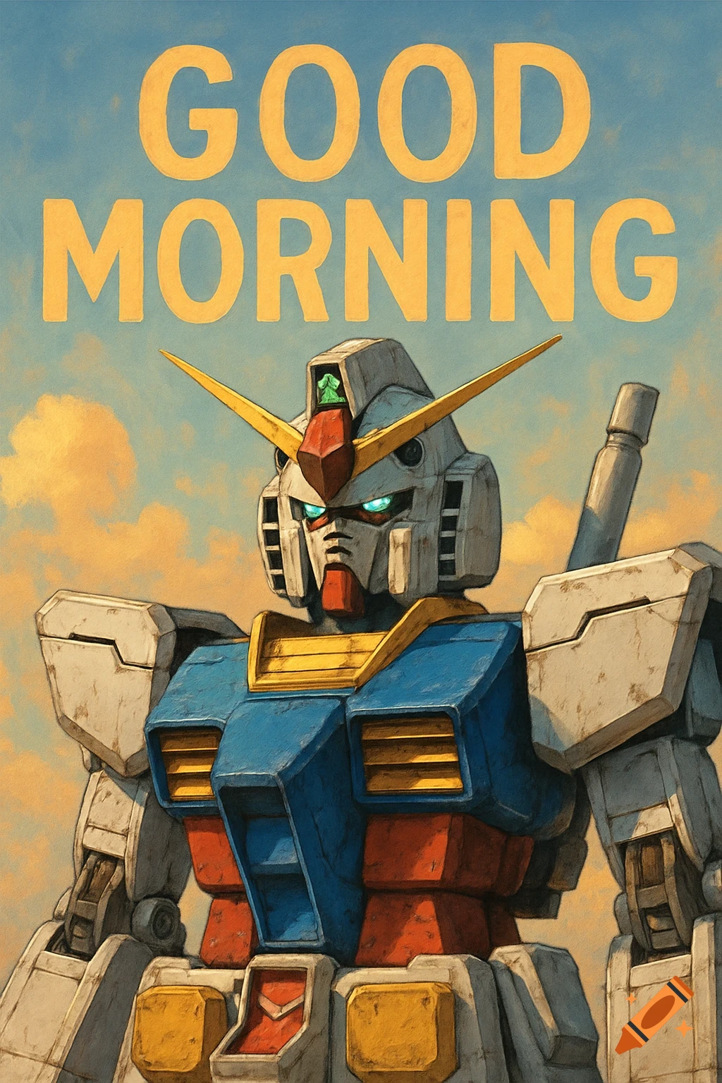 Illustration of a Gundam robot with the text 'GOOD MORNING'.