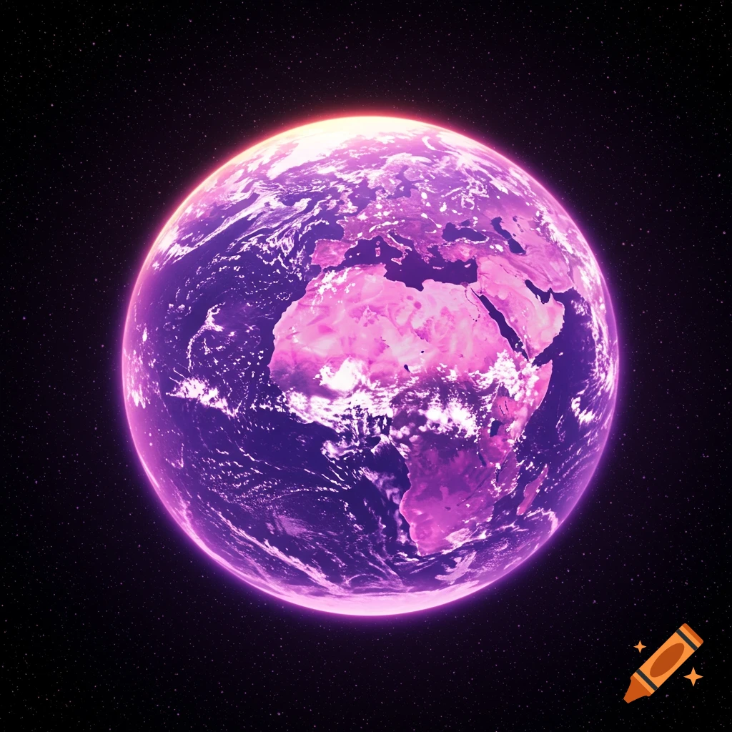 A stylized view of Earth from space, glowing purple and pink among stars.