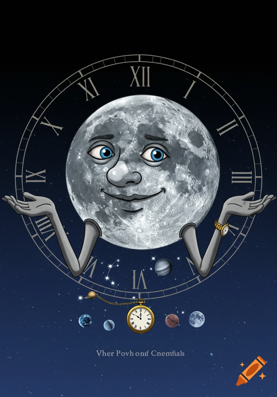 Cartoon moon with arms shrugging inside a clock face with planets, wearing a watch