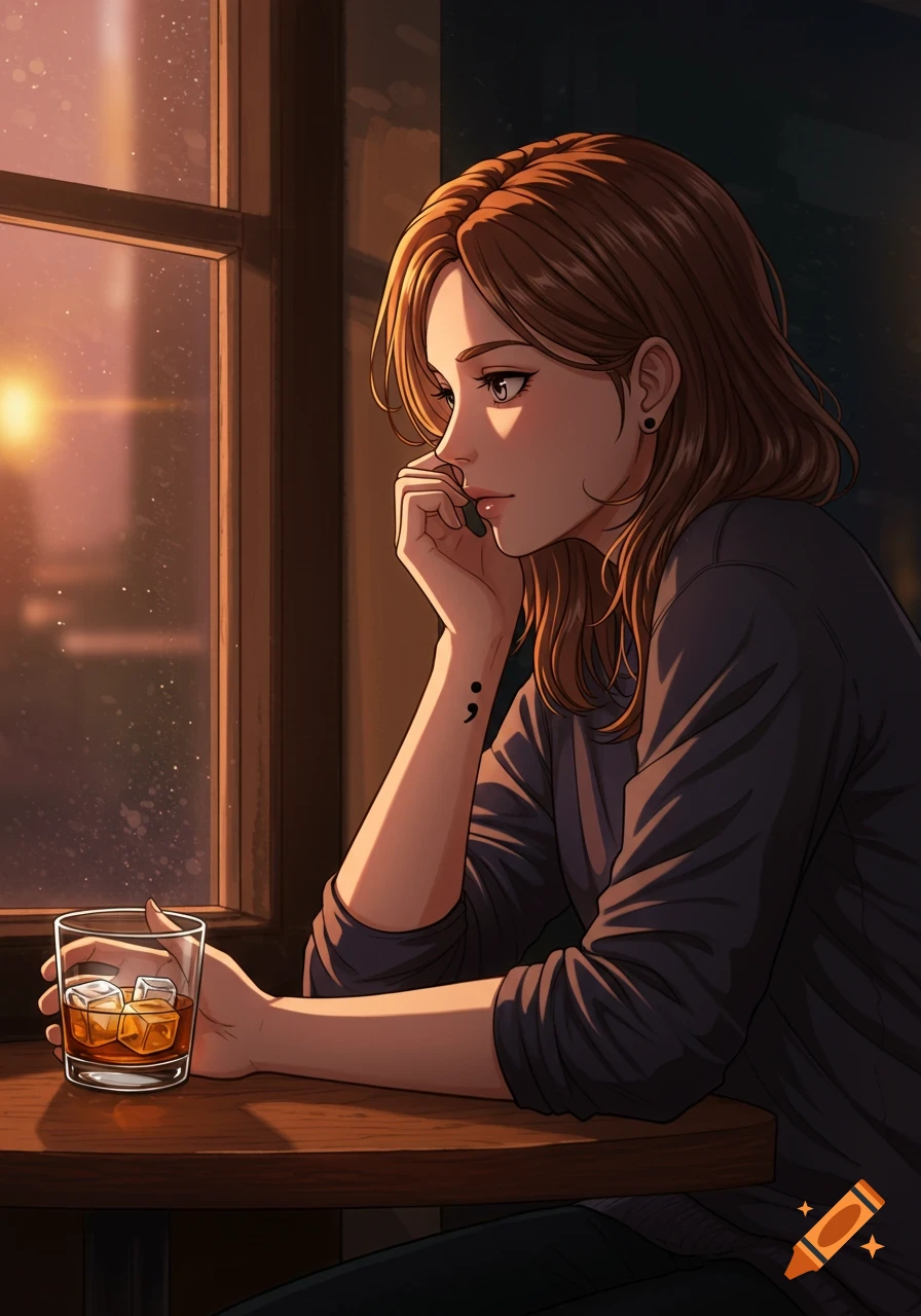 Anime drawing of a young woman sitting by a window in a cafe, looking out at sunset, holding a glass of whiskey.