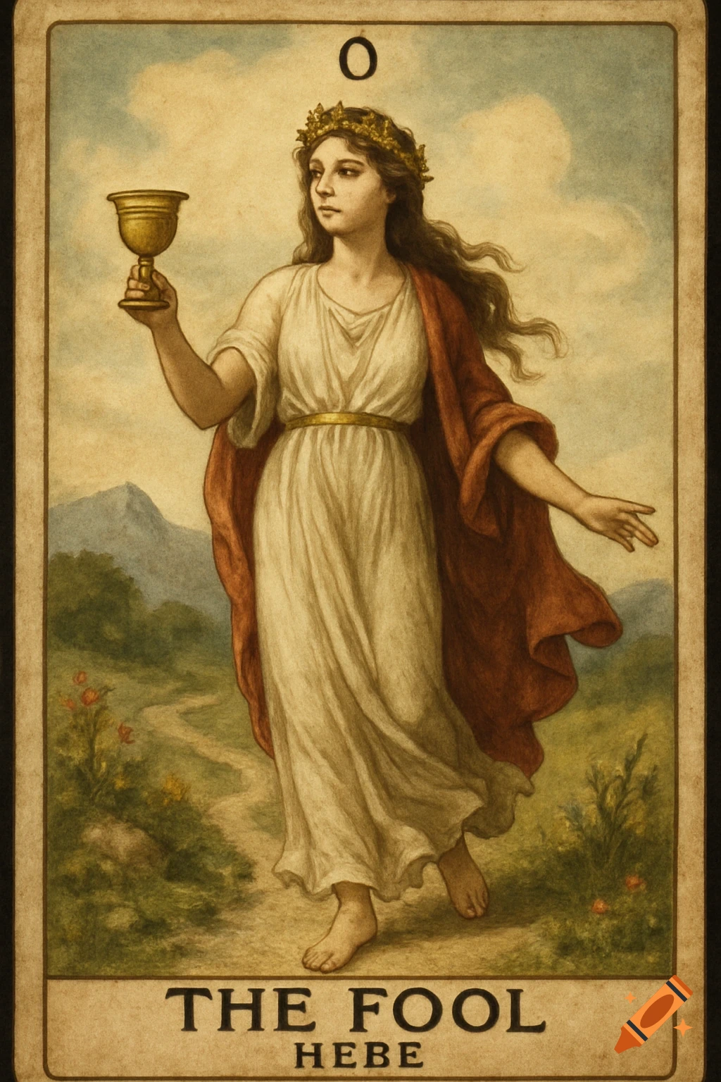 A tarot card for The Fool, depicting the Greek goddess Hebe in classical robes holding a chalice, walking on a path.