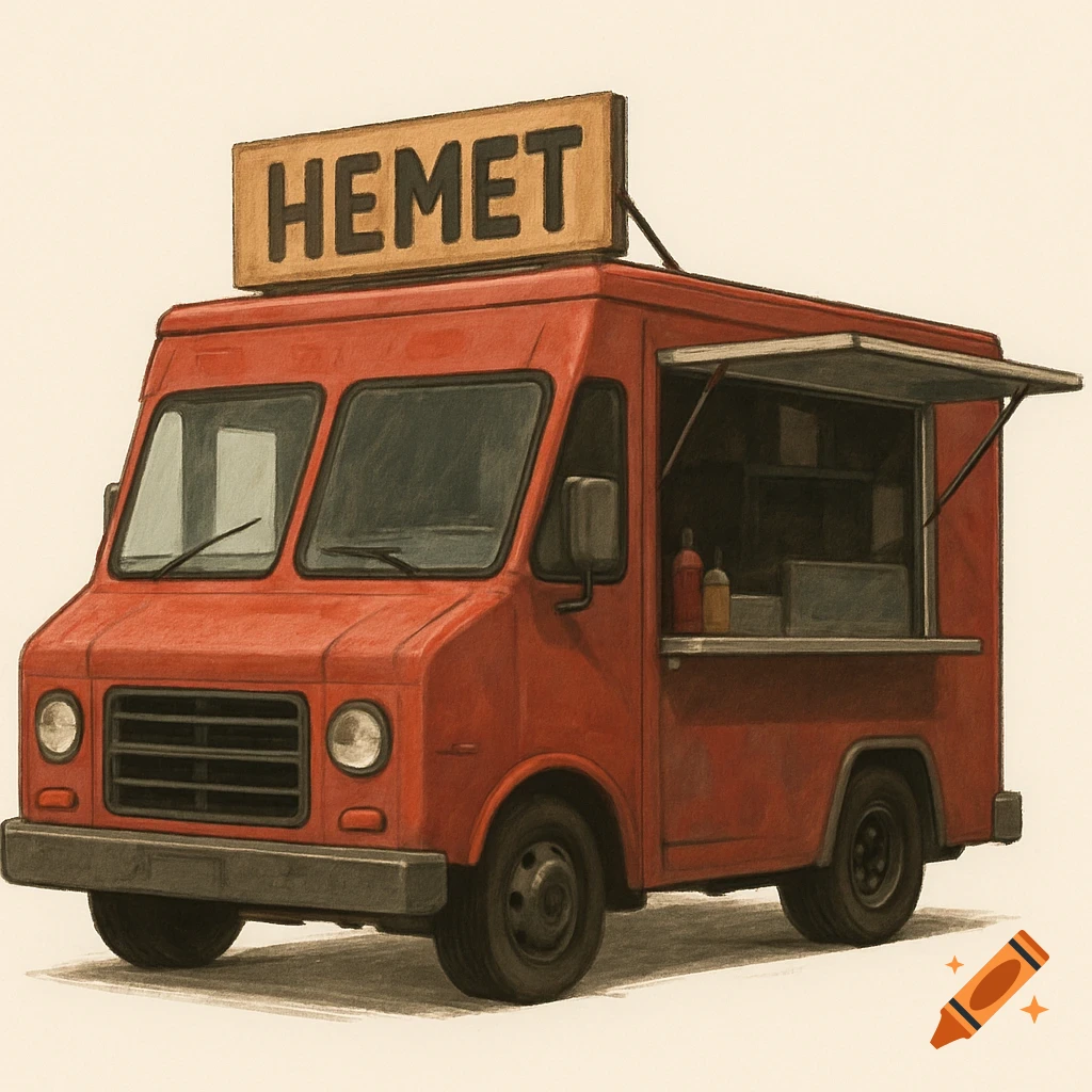 An illustration of a red food truck with a sign on top that says HEMET.