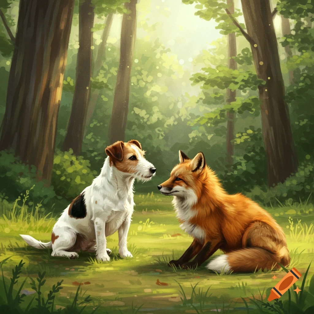 A Jack Russell terrier sits next to a fox in a sunny forest clearing, looking at each other. Painterly style.