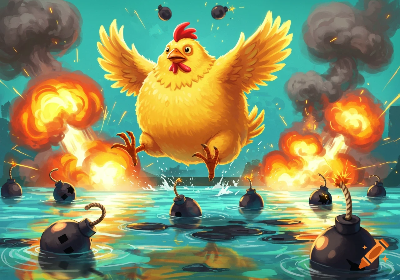 Cartoon chicken flies above water with exploding bombs