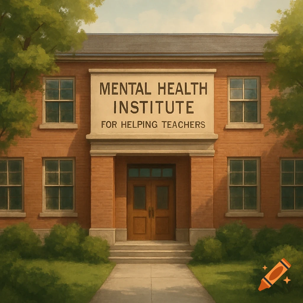 Front view of a brick building with a sign reading 'Mental Health Institute For Helping Teachers'.