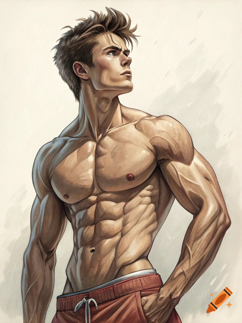 Muscular young man illustration looking up