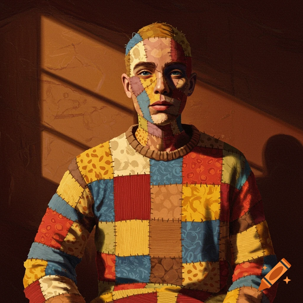Portrait of a person with patchwork skin and clothing