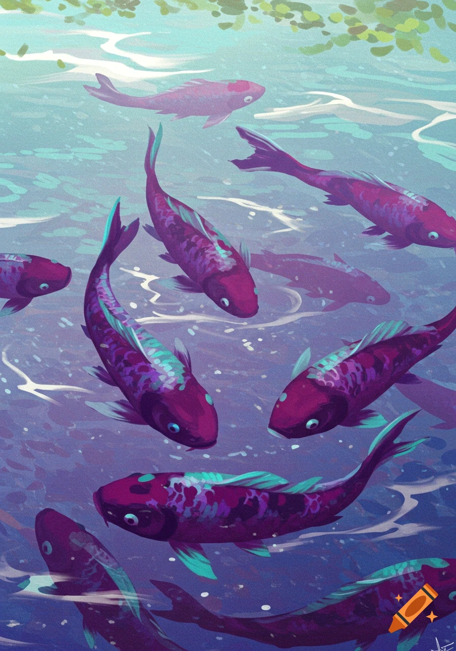 Digital painting of purple and teal koi fish swimming in blue-purple water.