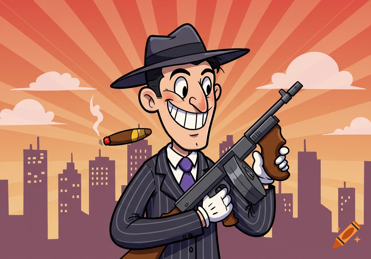 Cartoon gangster character in pinstripe suit and fedora, holding a Tommy gun and cigar in front of a city skyline.