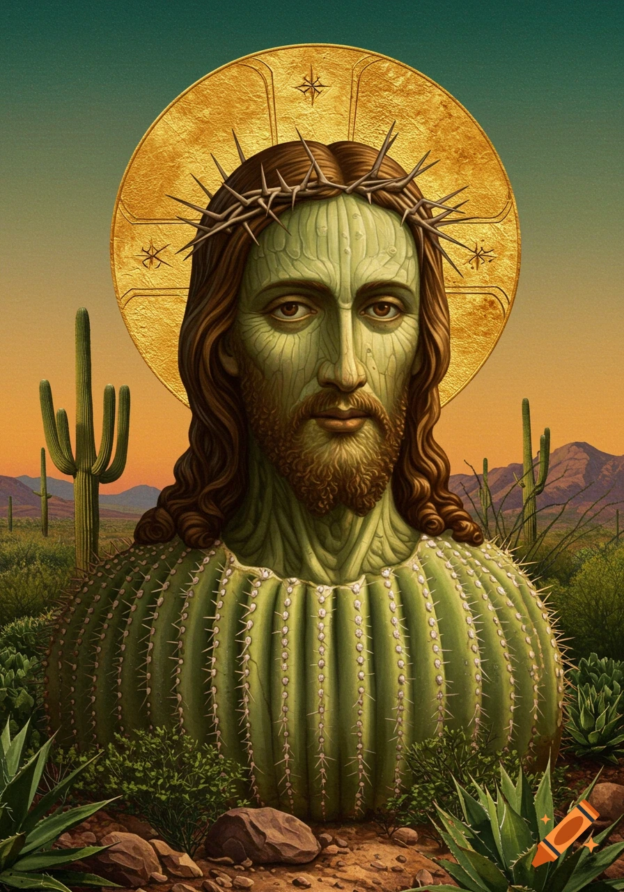 Portrait of Jesus Christ depicted as a cactus in a desert landscape with a golden halo.